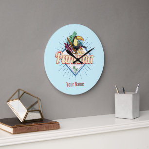 Panama City Toucan Retro Palm Trees Vintage Large Clock