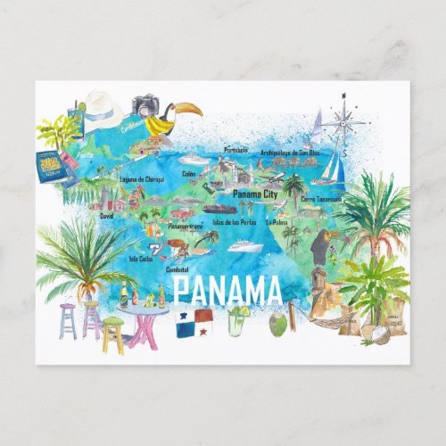 Panama Illustrated Travel Map Postcard