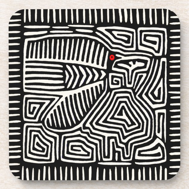 Panama Kuna Indian Mola Pajaro - Black White Beverage Coaster (Front)