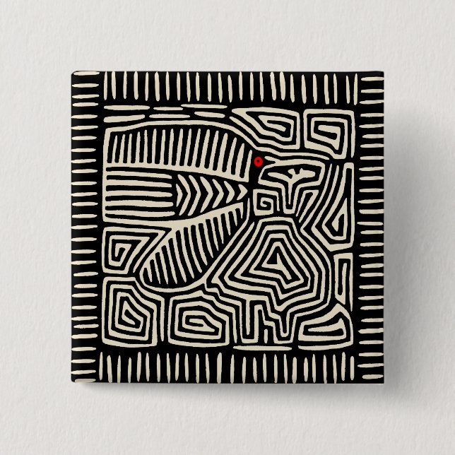 Panama Kuna Indian Mola Pajaro - Black White Button (Front)