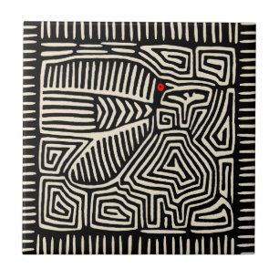 Panama Kuna Indian Mola Pajaro - Black White Ceramic Tile