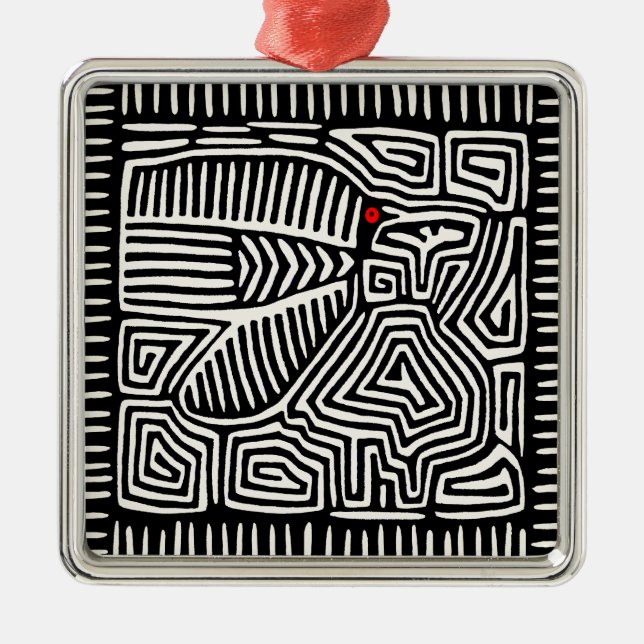 Panama Kuna Indian Mola Pajaro - Black White Metal Ornament (Front)