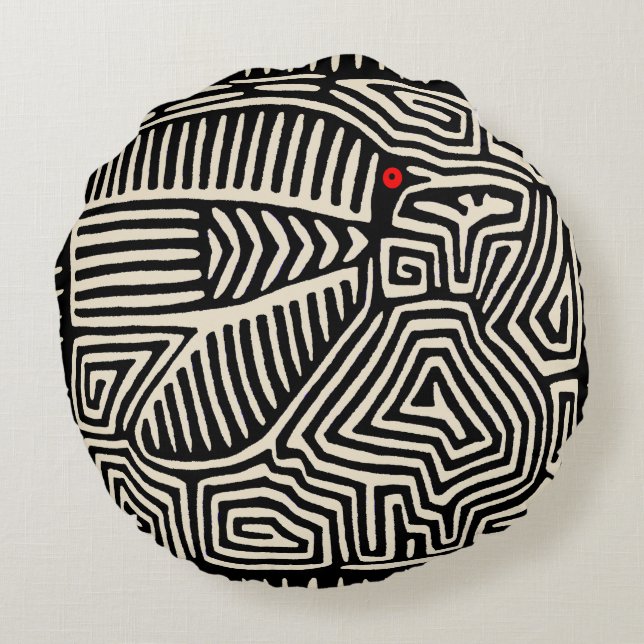 Panama Kuna Indian Mola Pajaro - Black White Round Pillow (Back)