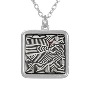 Panama Kuna Indian Mola Pajaro - Black White Silver Plated Necklace
