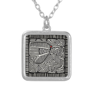 Panama Kuna Indian Mola Pajaro - Black White Silver Plated Necklace