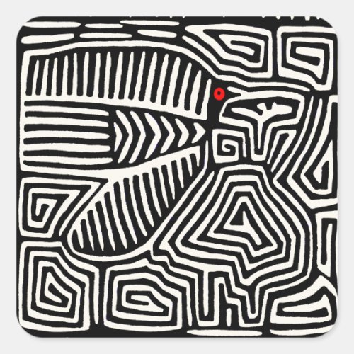 Panama Kuna Indian Mola Pajaro - Black White Square Sticker