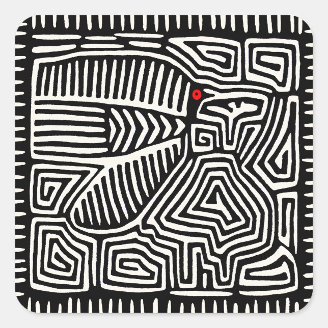Panama Kuna Indian Mola Pajaro - Black White Square Sticker (Front)