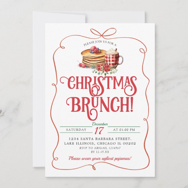 Pancake and Hot Cocoa Hand Drawn Christmas Brunch Invitation (Front)