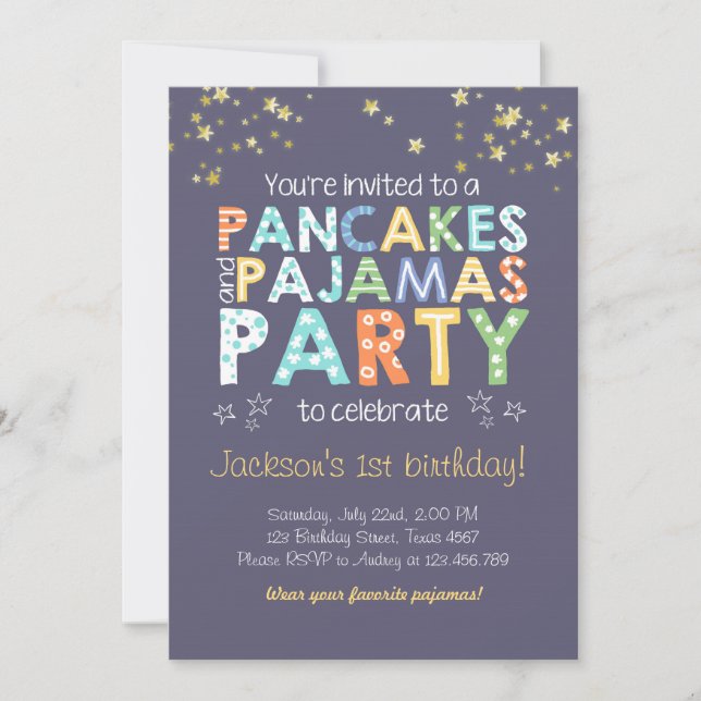 Pancake and Pajamas birthday invitation Boy Blue (Front)