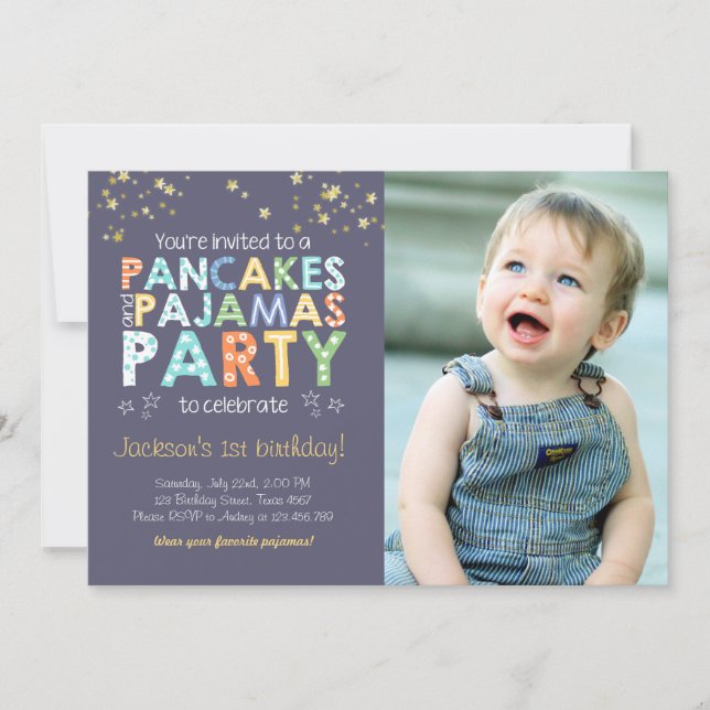 Pancake and Pajamas birthday invitation Boy Blue (Front)