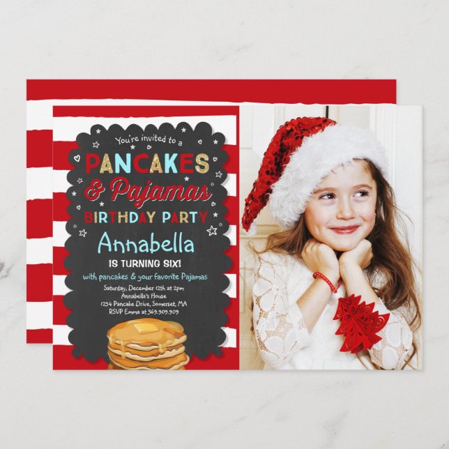 Pancake And Pajamas Birthday Invitation PJ's Party (Front/Back)