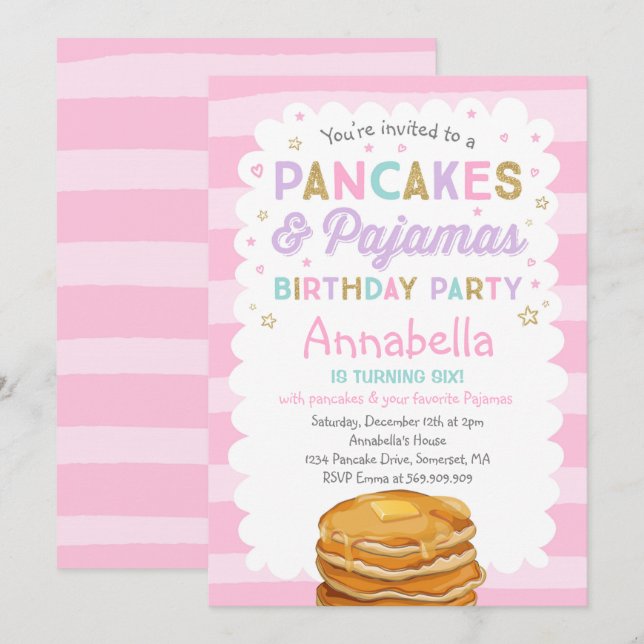 Pancake And Pajamas Birthday Invitation PJ's Party (Front/Back)