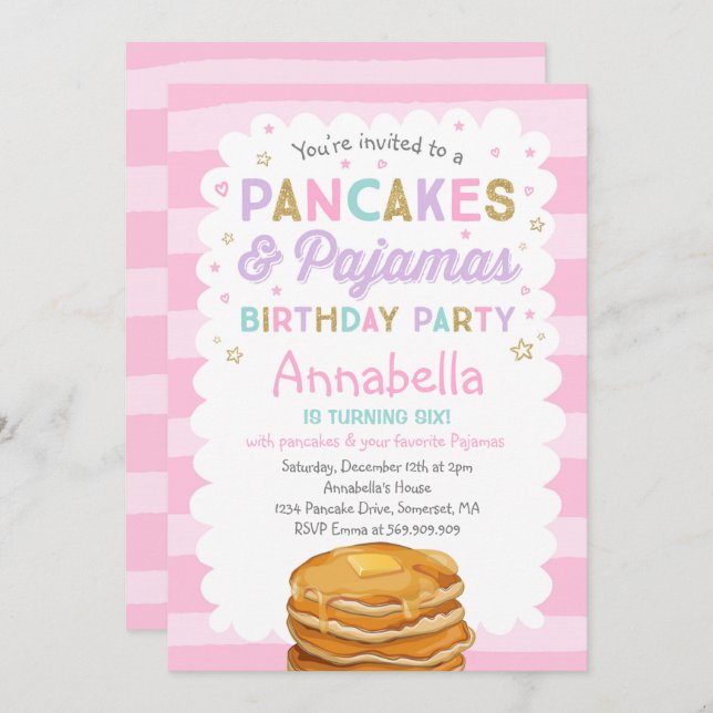 Pancake And Pajamas Birthday Invitation PJ's Party (Front/Back)