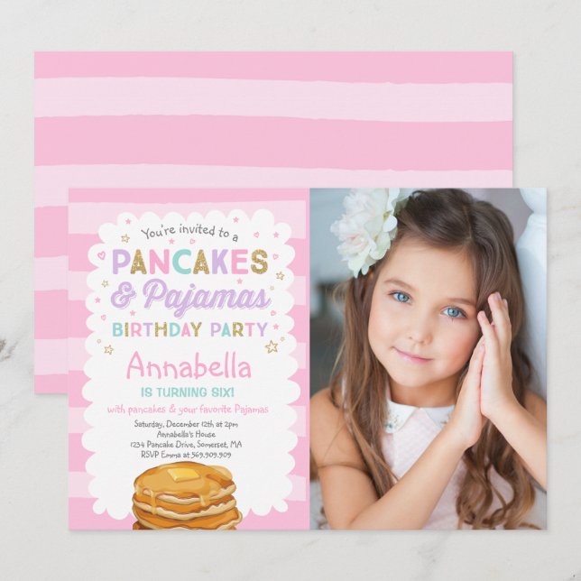Pancake And Pajamas Birthday Invitation PJ's Party (Front/Back)