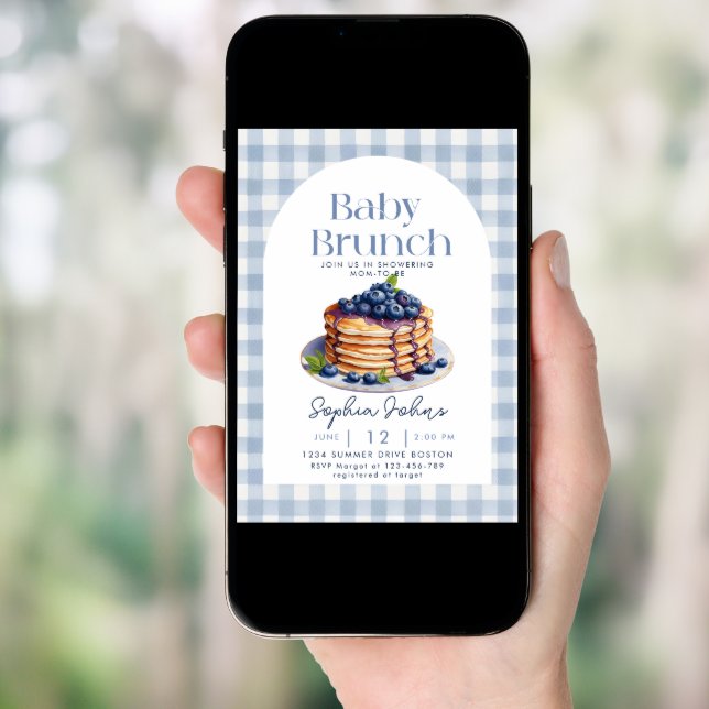 Pancake Blueberry Gingham Baby Brunch Baby Shower Invitation (Front Digital)