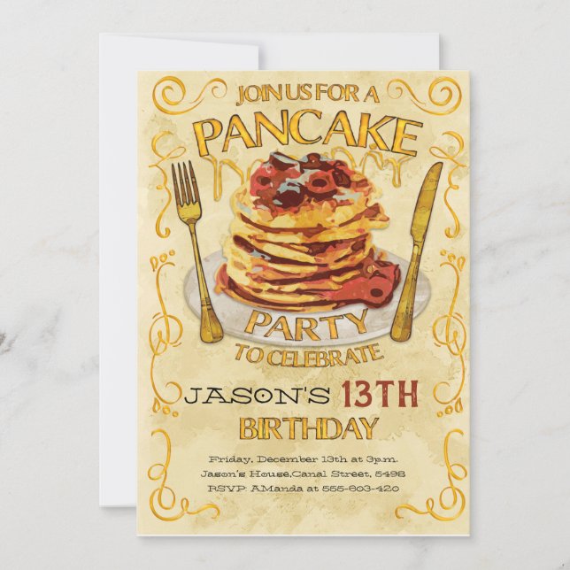 Pancake Party Invitation, Birthday Party  Invitation (Front)