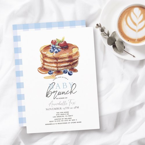 Pancake Watercolor Blue Gingham Boy Baby Brunch Invitation