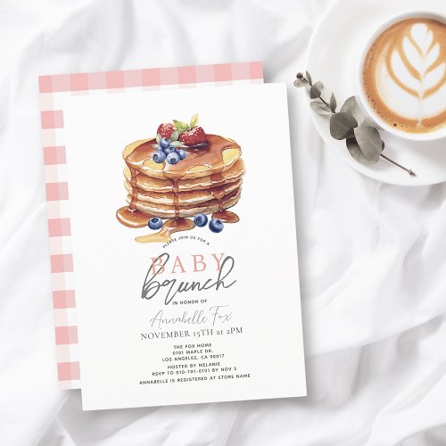 Pancake Watercolor Pink Gingham Girl Baby Brunch Invitation