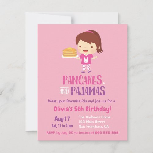 Pancakes and Girl in Pajamas Birthday Party Invitation