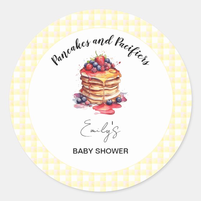 Pancakes and Pacifiers Gingham Plaid Baby Shower Classic Round Sticker (Front)