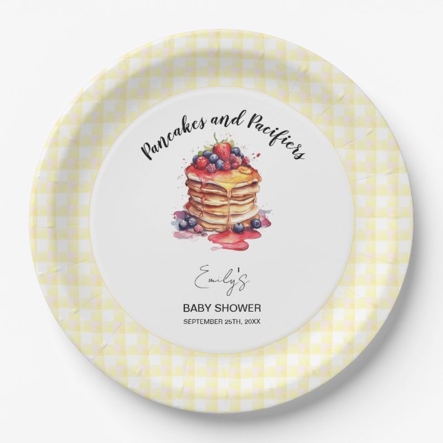 Pancakes and Pacifiers Gingham Plaid Baby Shower Paper Plates (Front)