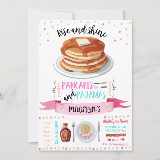 Pancakes and Pajamas 1st Birthday Invitation Card (Front)