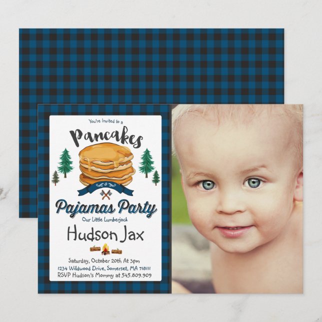 Pancakes And Pajamas Birthday Invitation Plaid (Front/Back)