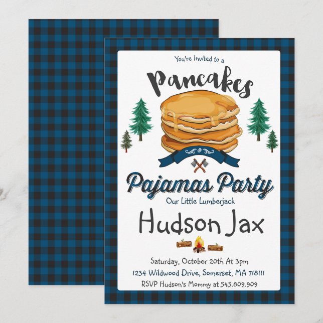 Pancakes And Pajamas Birthday Invitation Plaid (Front/Back)