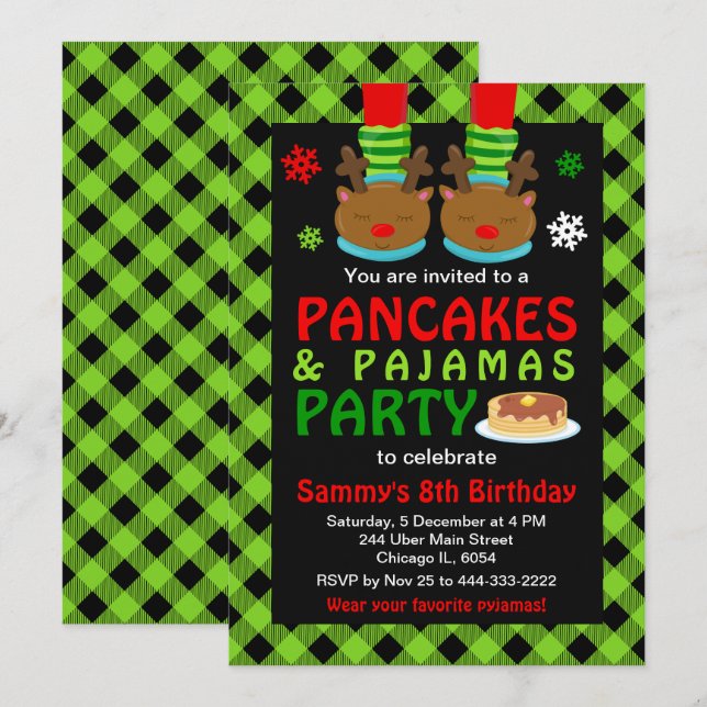 Pancakes and Pajamas Birthday Reindeer Green Plaid Invitation (Front/Back)