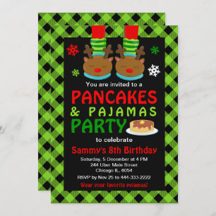 Pancakes and Pajamas Birthday Reindeer Green Plaid Invitation