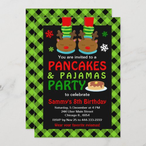 Pancakes and Pajamas Birthday Reindeer Green Plaid Invitation