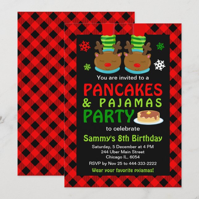 Pancakes and Pajamas Birthday Reindeer Red Plaid I Invitation (Front/Back)