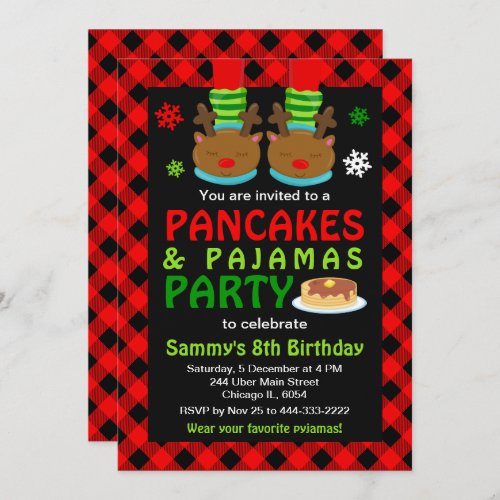 Pancakes and Pajamas Birthday Reindeer Red Plaid I Invitation
