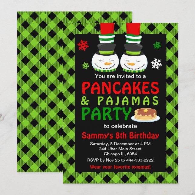 Pancakes and Pajamas Birthday Snowman Green Plaid  Invitation (Front/Back)