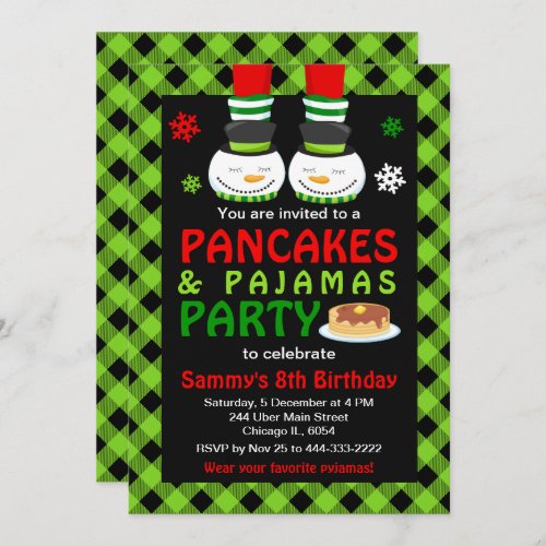 Pancakes and Pajamas Birthday Snowman Green Plaid  Invitation