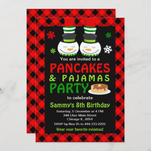 Pancakes and Pajamas Birthday Snowman Red Plaid In Invitation