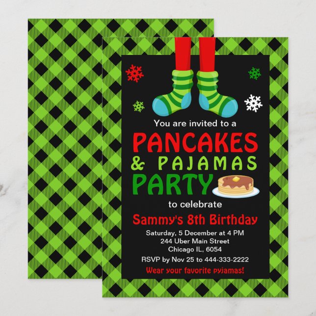 Pancakes and Pajamas Birthday Socks Green Plaid In Invitation (Front/Back)