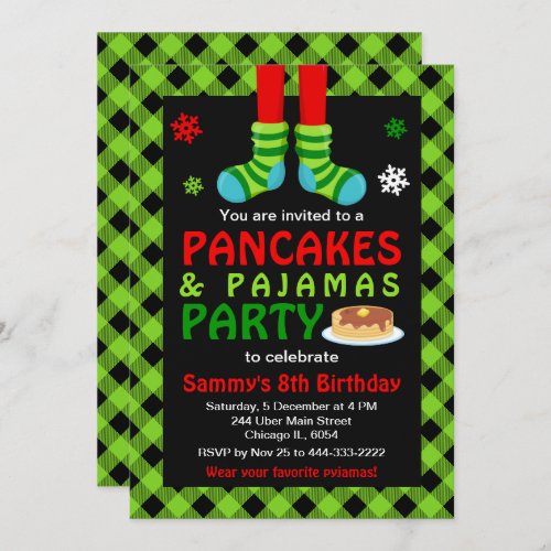 Pancakes and Pajamas Birthday Socks Green Plaid In Invitation