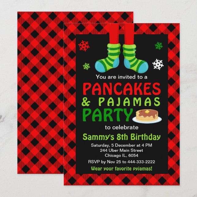 Pancakes and Pajamas Birthday Socks Red Plaid Invi Invitation (Front/Back)