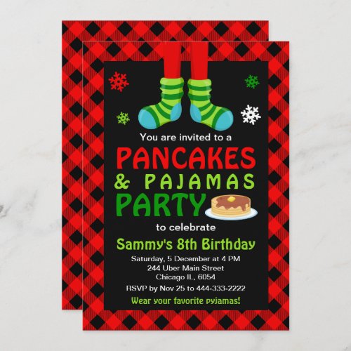 Pancakes and Pajamas Birthday Socks Red Plaid Invi Invitation