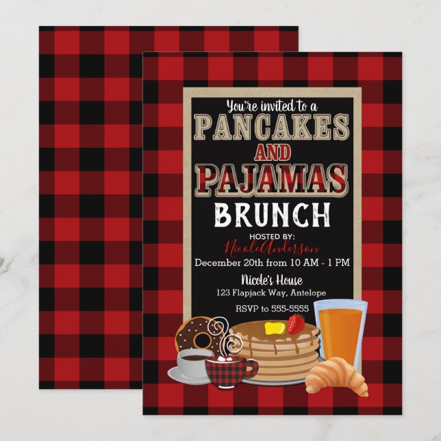 Pancakes and Pajamas Brunch Red Buffalo Plaid Invitation (Front/Back)