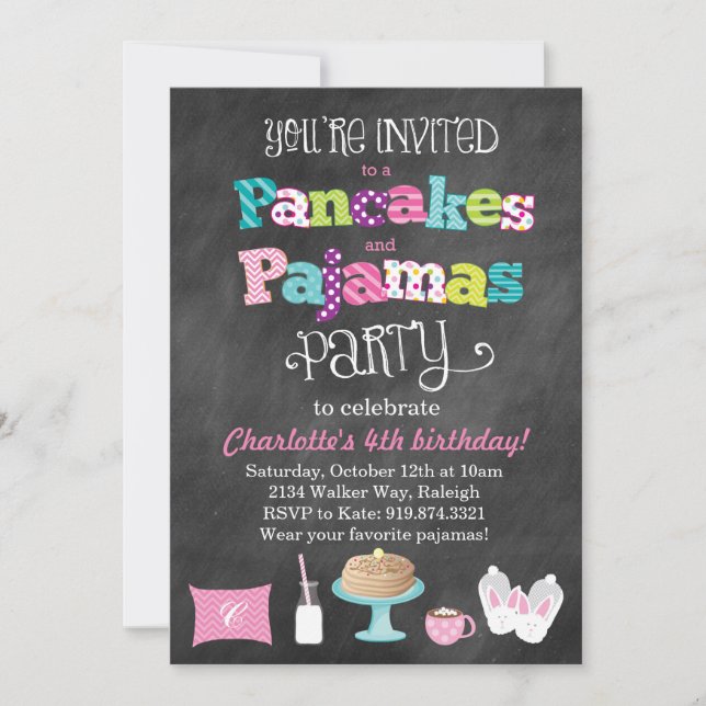 Pancakes and Pajamas Chalkboard Style Invitation (Front)