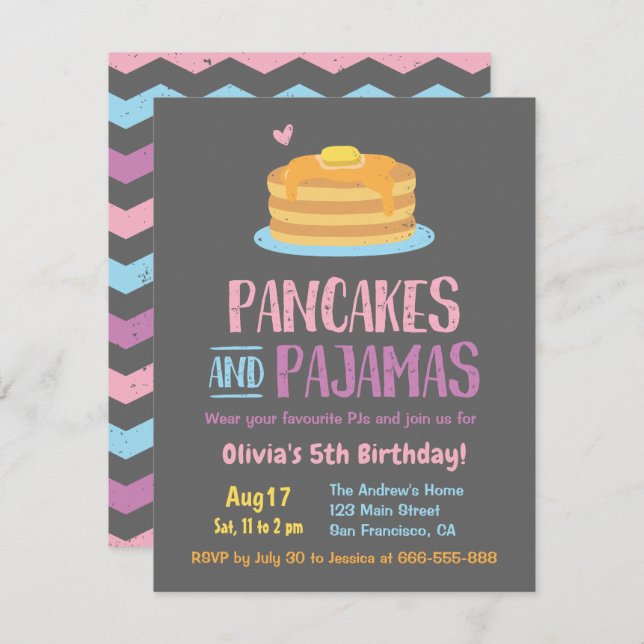 Pancakes and Pajamas Chevron Birthday Party Invitation (Front/Back)