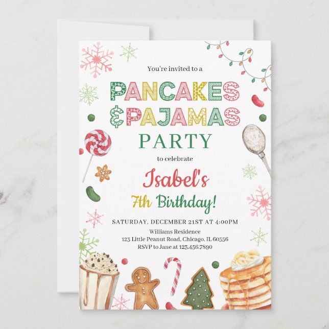 Pancakes and Pajamas Christmas Birthday Invitation (Front)