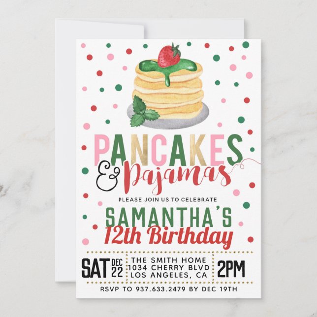 Pancakes and Pajamas Christmas Birthday Invitation (Front)