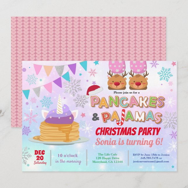 Pancakes and pajamas Christmas birthday unicorn Invitation (Front/Back)