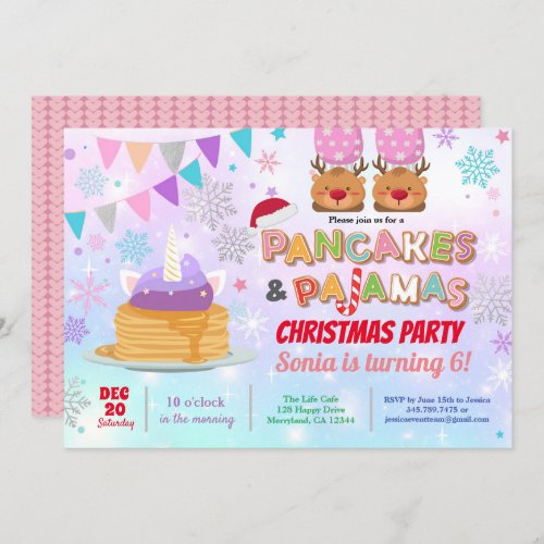 Pancakes and pajamas Christmas birthday unicorn Invitation