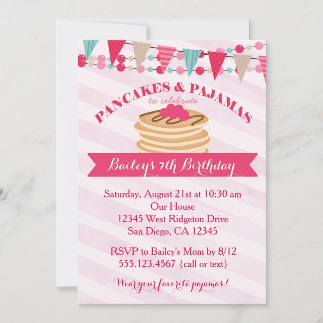 Pancakes and Pajamas Girl Birthday Invitation (Front)