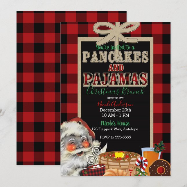 Pancakes and Pajamas Holiday Red Buffalo Plaid Invitation (Front/Back)