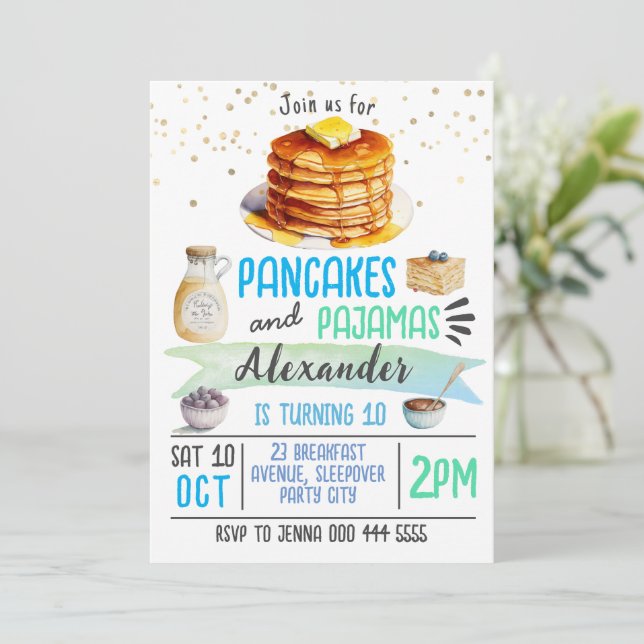 Pancakes and Pajamas Sleepover Birthday Invitation (Standing Front)